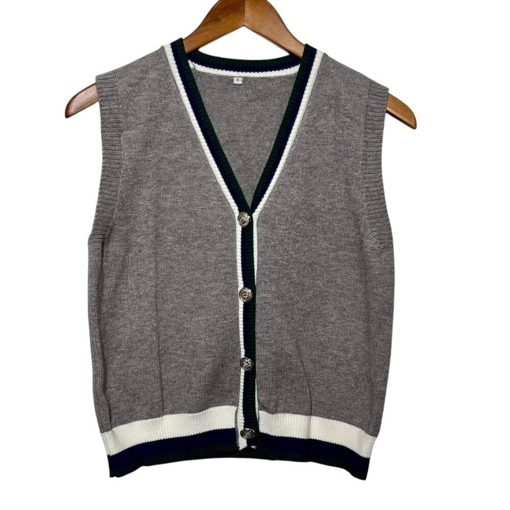 ☘️5/$25 Academia Preppy Sweater Vest Small Teacher Button Professor Striped Trim
